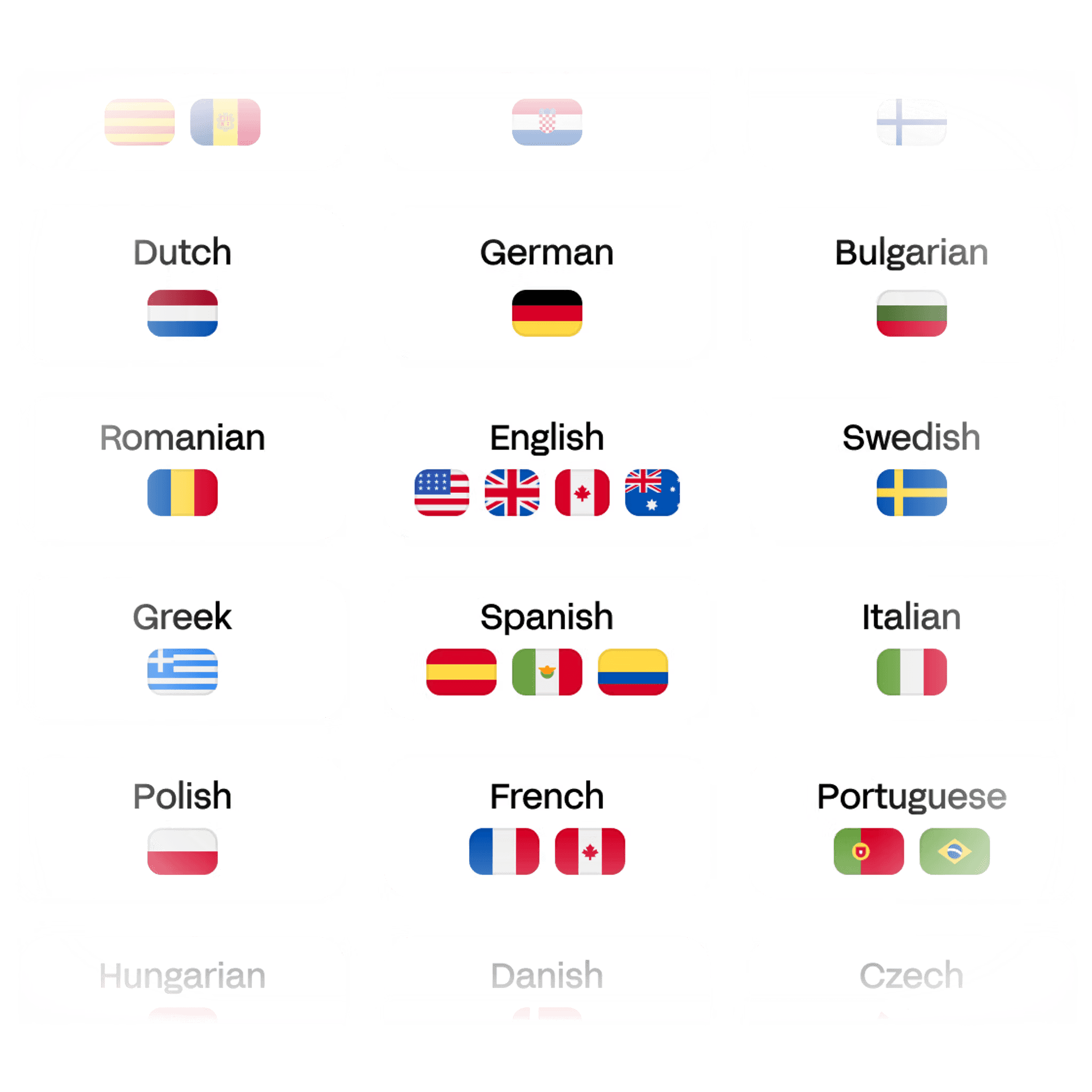 Language cards with flags for English, German, Dutch, Spanish, French, Portuguese and other supported languages