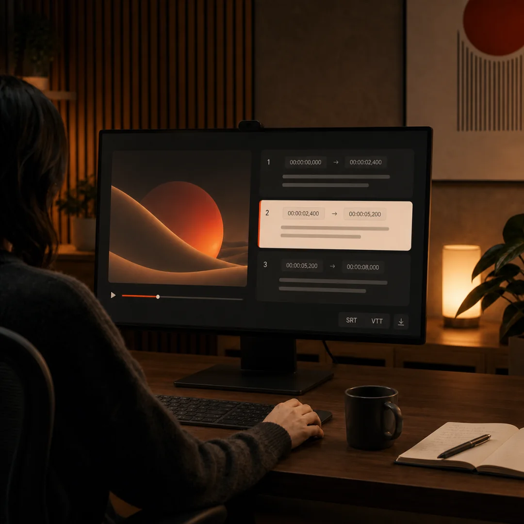 A creator reviewing timed subtitle cues before exporting SRT and VTT files