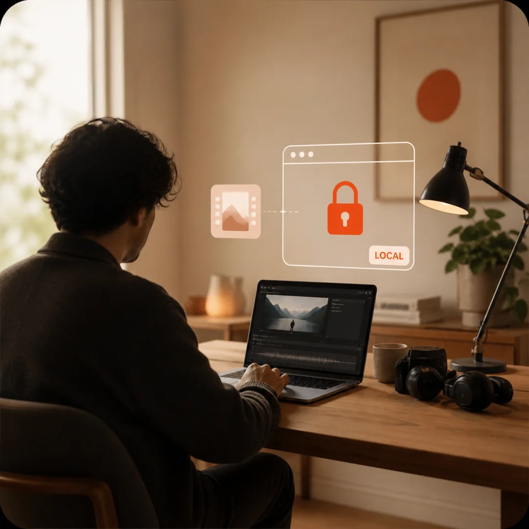 A creator working at a laptop while a media file enters a locked browser window marked local